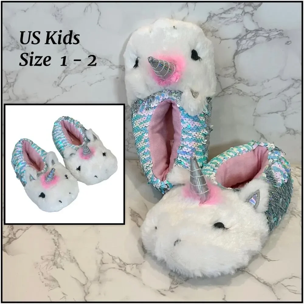 Capelli New York Little Girls Sequin Unicorn Slippers Size 1-2